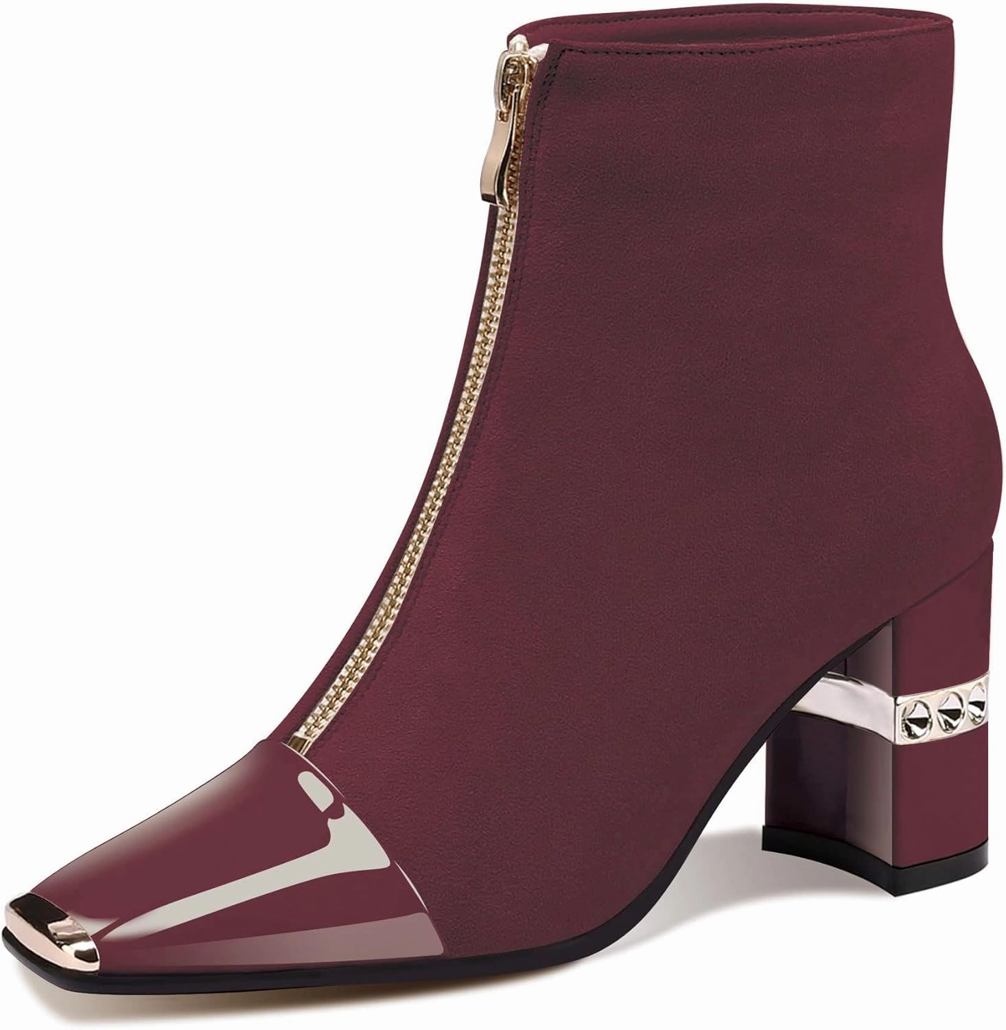 XINIUNIU Women's Ankle Boots Block Chunky Heels Booties Metal Square Toe Suede Front Zipper 3 Inch Short Boot Dress