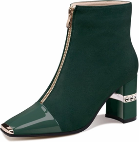 XINIUNIU Women's Ankle Boots Block Chunky Heels Booties Metal Square Toe Suede Front Zipper 3 Inch Short Boot Dress