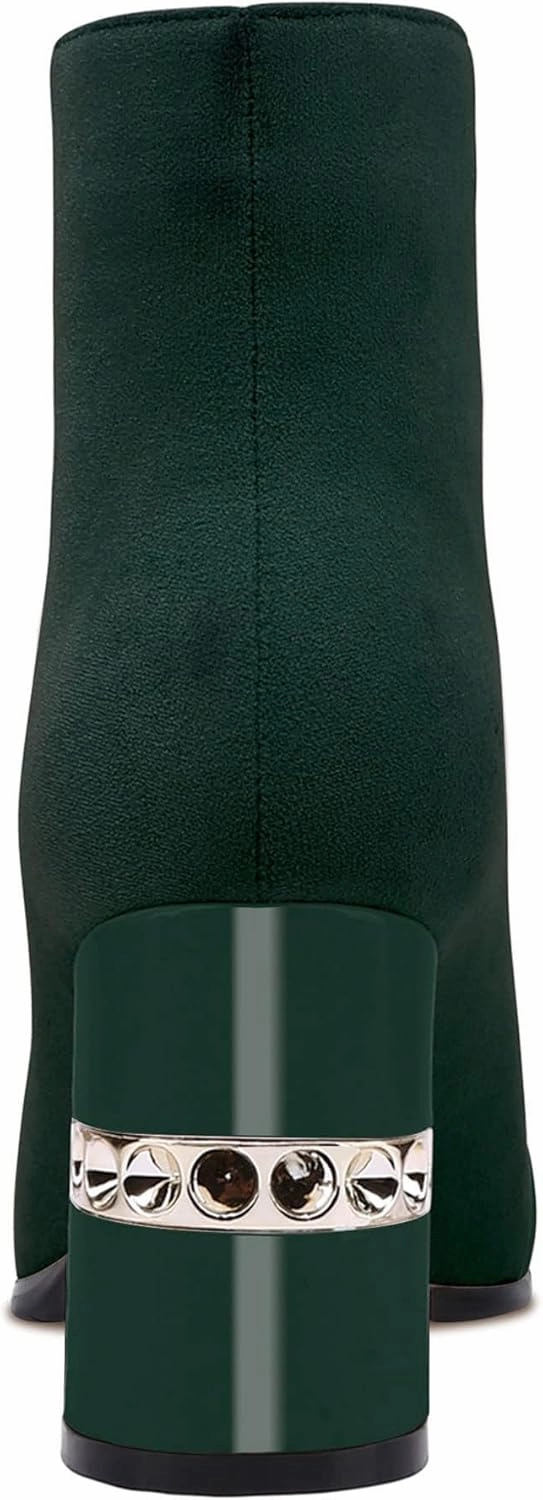 XINIUNIU Women's Ankle Boots Block Chunky Heels Booties Metal Square Toe Suede Front Zipper 3 Inch Short Boot Dress