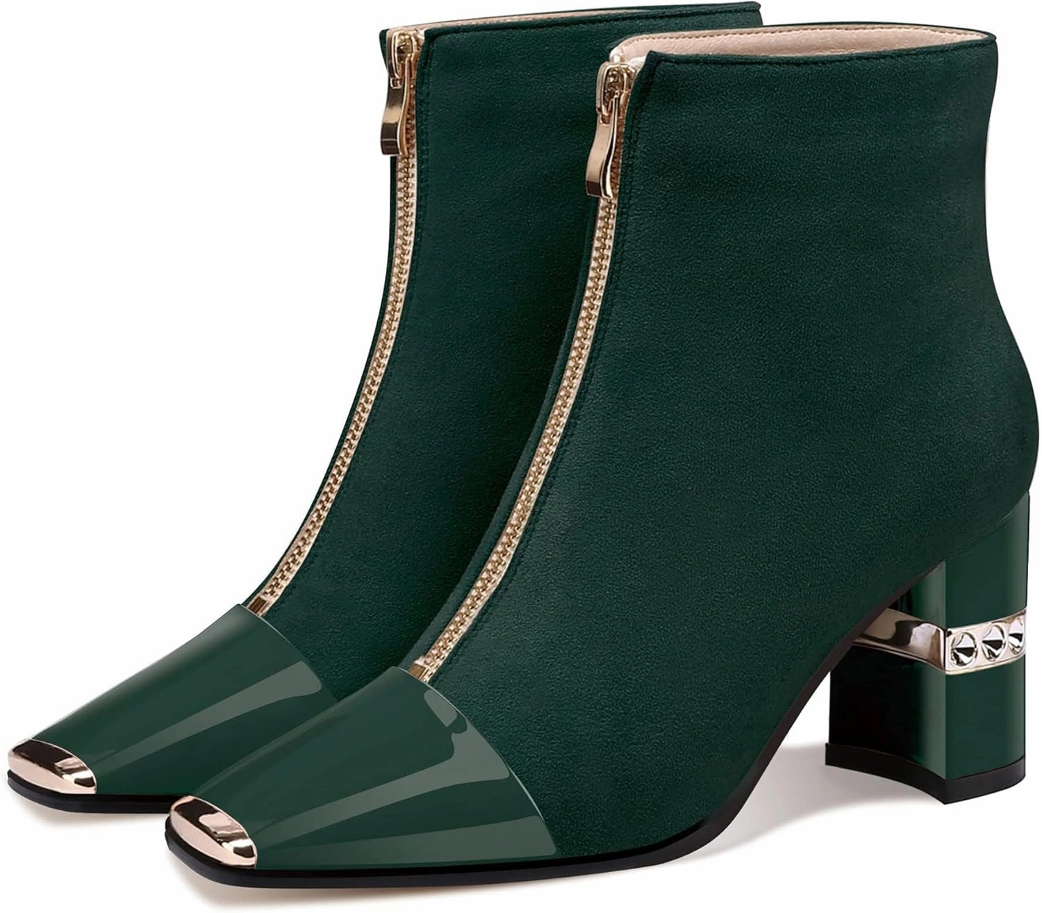 XINIUNIU Women's Ankle Boots Block Chunky Heels Booties Metal Square Toe Suede Front Zipper 3 Inch Short Boot Dress