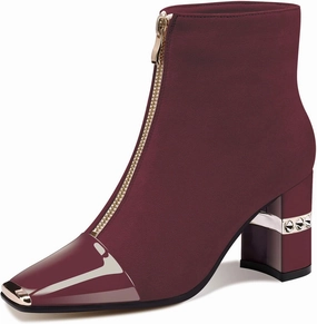 XINIUNIU Women's Ankle Boots Block Chunky Heels Booties Metal Square Toe Suede Front Zipper 3 Inch Short Boot Dress