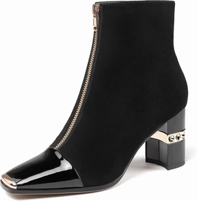 XINIUNIU Women's Ankle Boots Block Chunky Heels Booties Metal Square Toe Suede Front Zipper 3 Inch Short Boot Dress