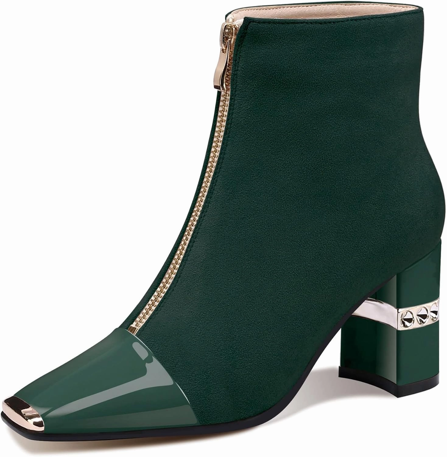 XINIUNIU Women's Ankle Boots Block Chunky Heels Booties Metal Square Toe Suede Front Zipper 3 Inch Short Boot Dress