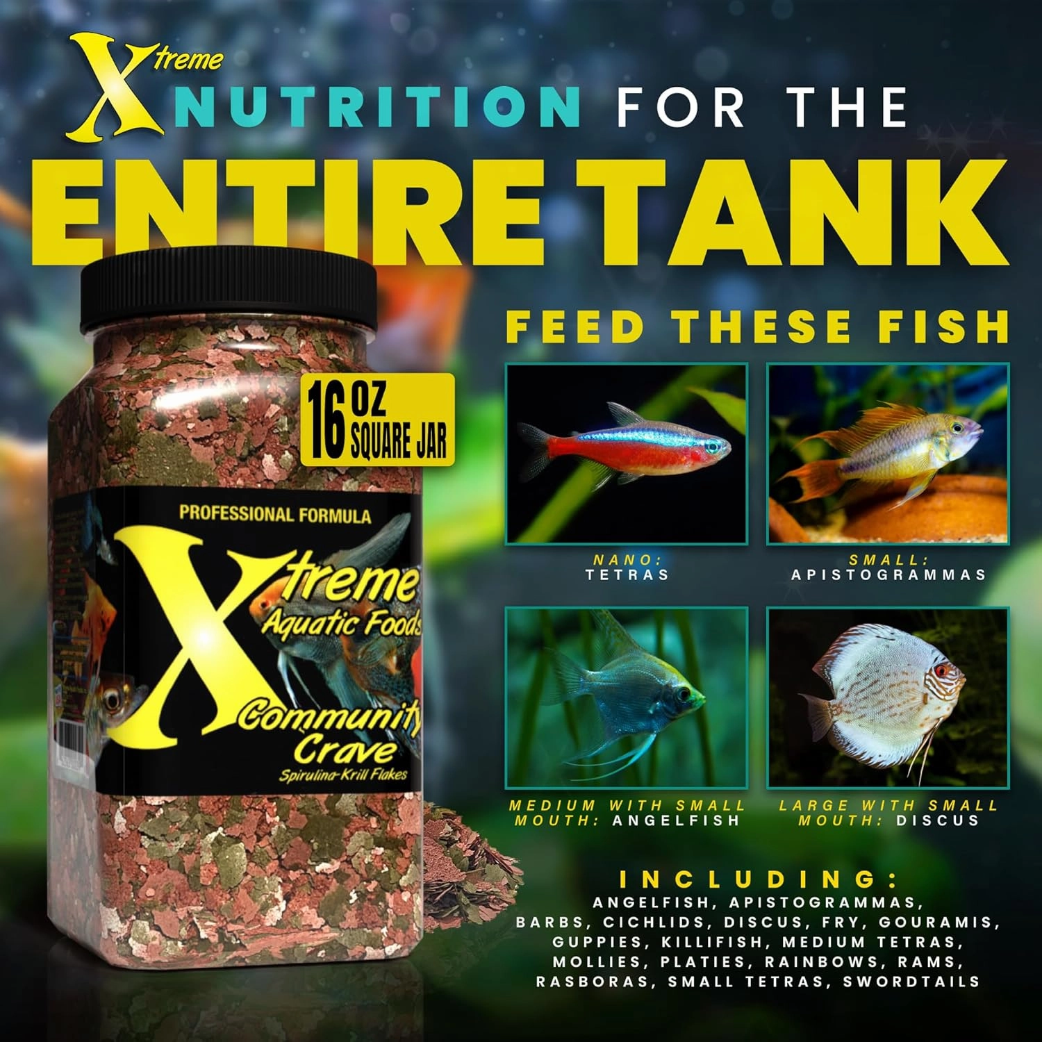 Xtreme Community Crave Flake - Krill & Spirulina Blend for Vibrant Colors, Immune Support and Digestive Health, Tropical & Freshwater Fish Nutrition – Premium Community Aquarium Food (16oz)