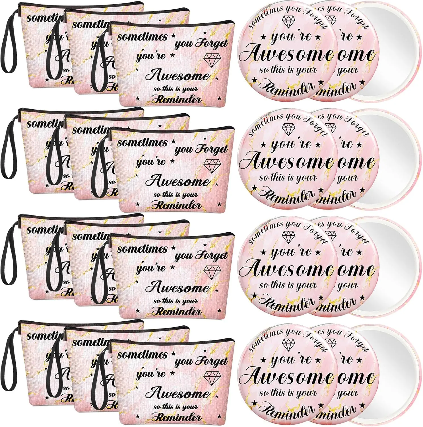 Xuniea 24 Pcs Inspirational Gifts for Women Bulk 12 Motivation Canvas Makeup Bags 12 Round Portable Pocket Mirror You're Beautiful Awesome Appreciation Gifts for Mother Coworker Nurse(Awesome)