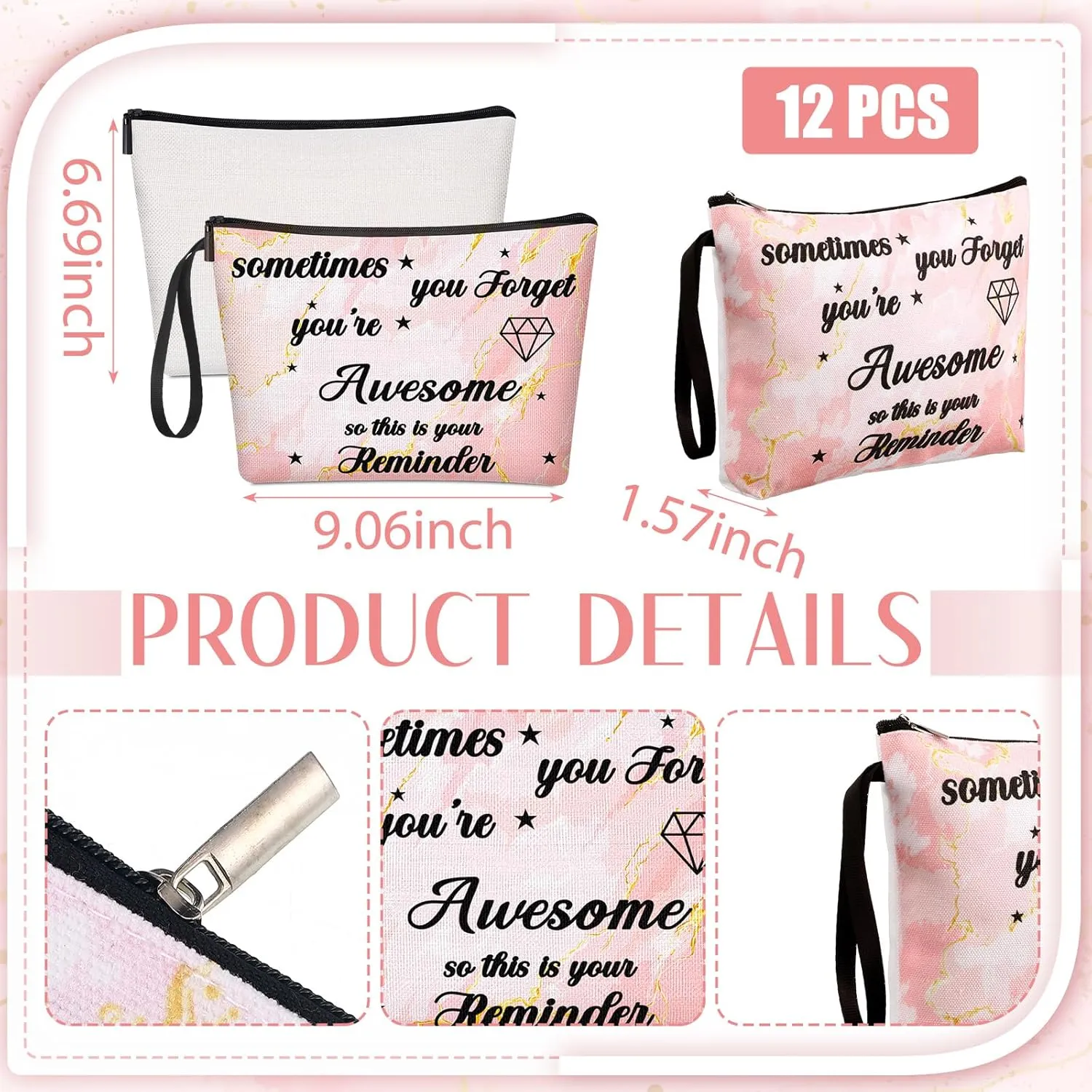 Xuniea 24 Pcs Inspirational Gifts for Women Bulk 12 Motivation Canvas Makeup Bags 12 Round Portable Pocket Mirror You're Beautiful Awesome Appreciation Gifts for Mother Coworker Nurse(Awesome)