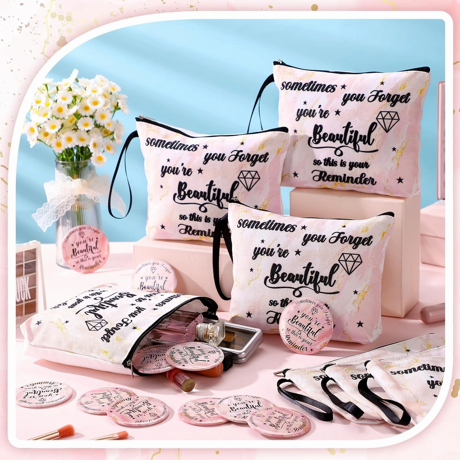 Xuniea 24 Pcs Inspirational Gifts for Women Bulk 12 Motivation Canvas Makeup Bags 12 Round Portable Pocket Mirror You're Beautiful Awesome Appreciation Gifts for Coworker Cna Week(Beautiful)