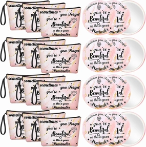 Xuniea 24 Pcs Inspirational Gifts for Women Bulk 12 Motivation Canvas Makeup Bags 12 Round Portable Pocket Mirror You're Beautiful Awesome Appreciation Gifts for Coworker Cna Week(Beautiful)