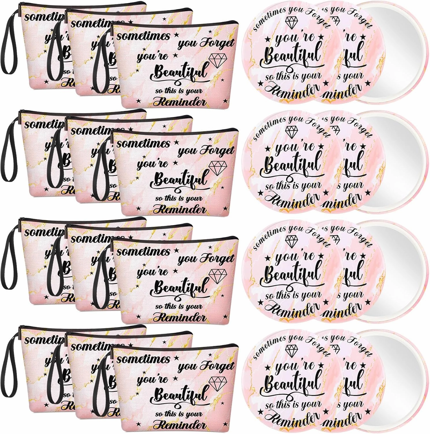 Xuniea 24 Pcs Inspirational Gifts for Women Bulk 12 Motivation Canvas Makeup Bags 12 Round Portable Pocket Mirror You're Beautiful Awesome Appreciation Gifts for Coworker Cna Week(Beautiful)