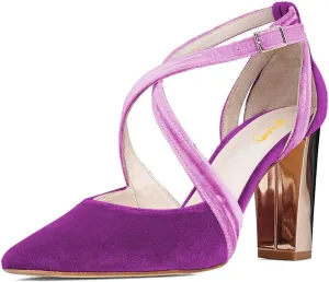 XYD Pointed Toe Chunky Block Metallic High Heels for Women Crossed Straps Velvet Pumps D'Orsay Retro Party Evening Bridal Shoes
