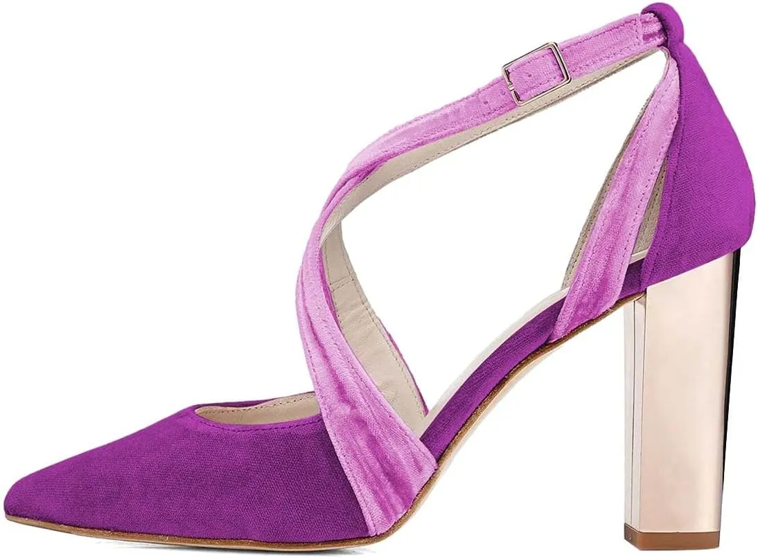XYD Pointed Toe Chunky Block Metallic High Heels for Women Crossed Straps Velvet Pumps D'Orsay Retro Party Evening Bridal Shoes