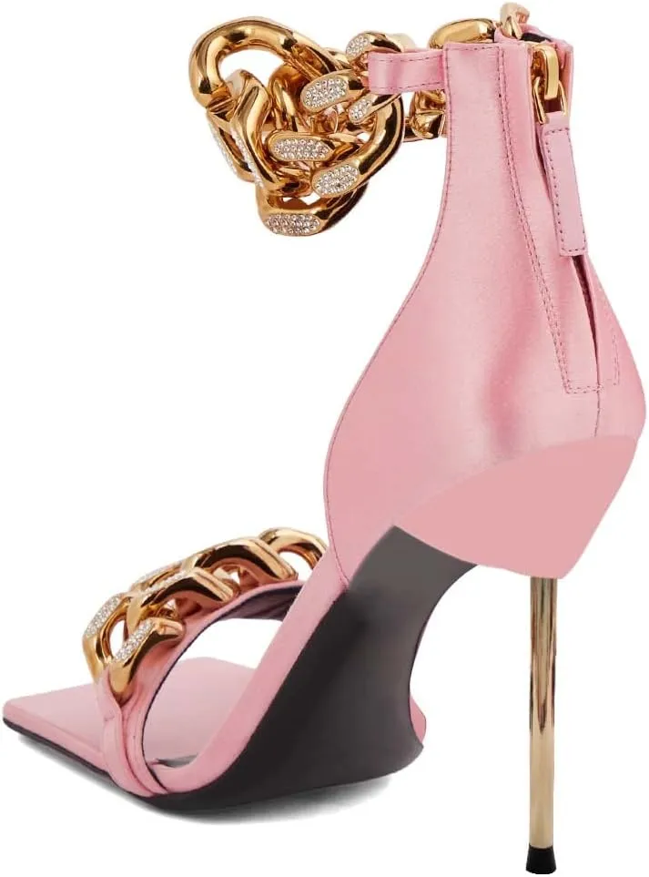 XYD Women Sexy Stiletto Sandals Open Square Toe High Heels Metal Ankle Chain Strap Back Zip Chic Nightclub Shoes