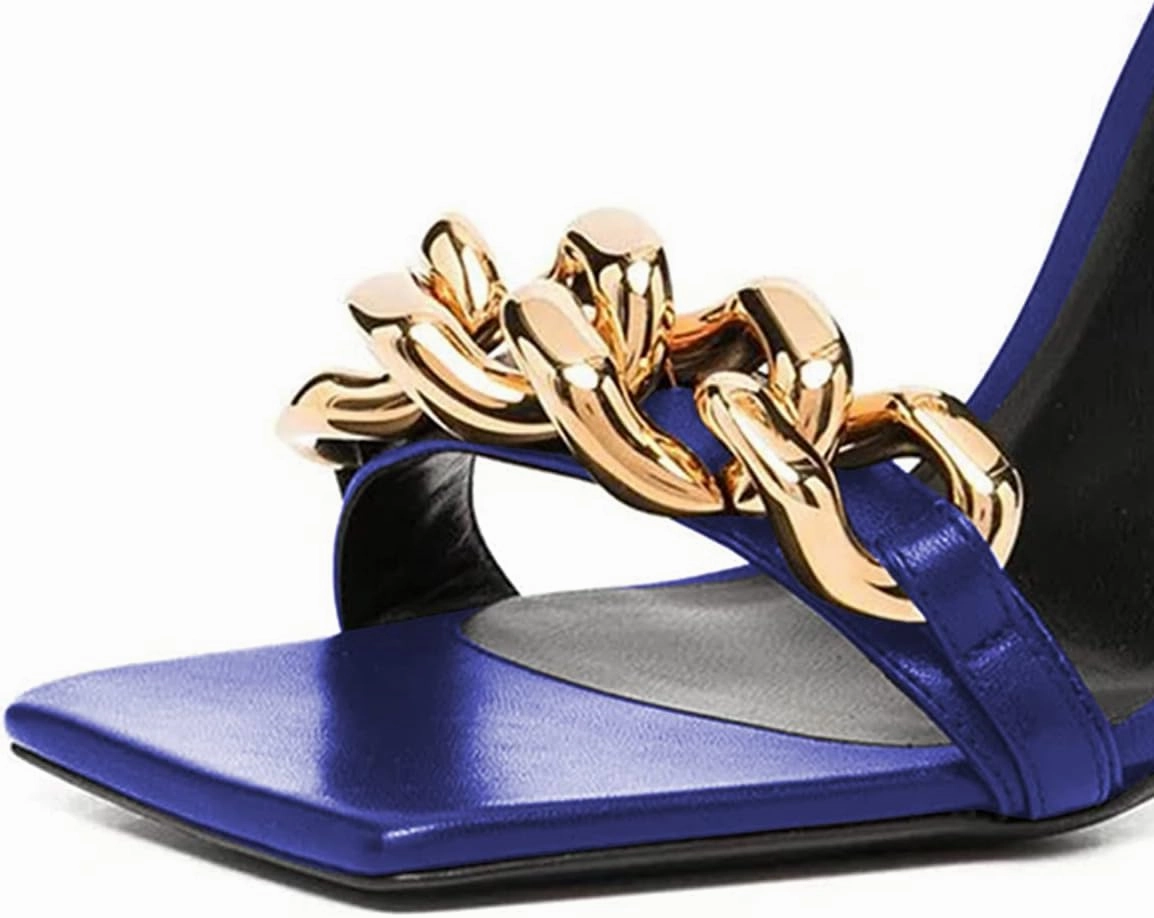 XYD Women Sexy Stiletto Heel Sandals Open Square Toe Metal Ring Back Zip Chic Party Shoes