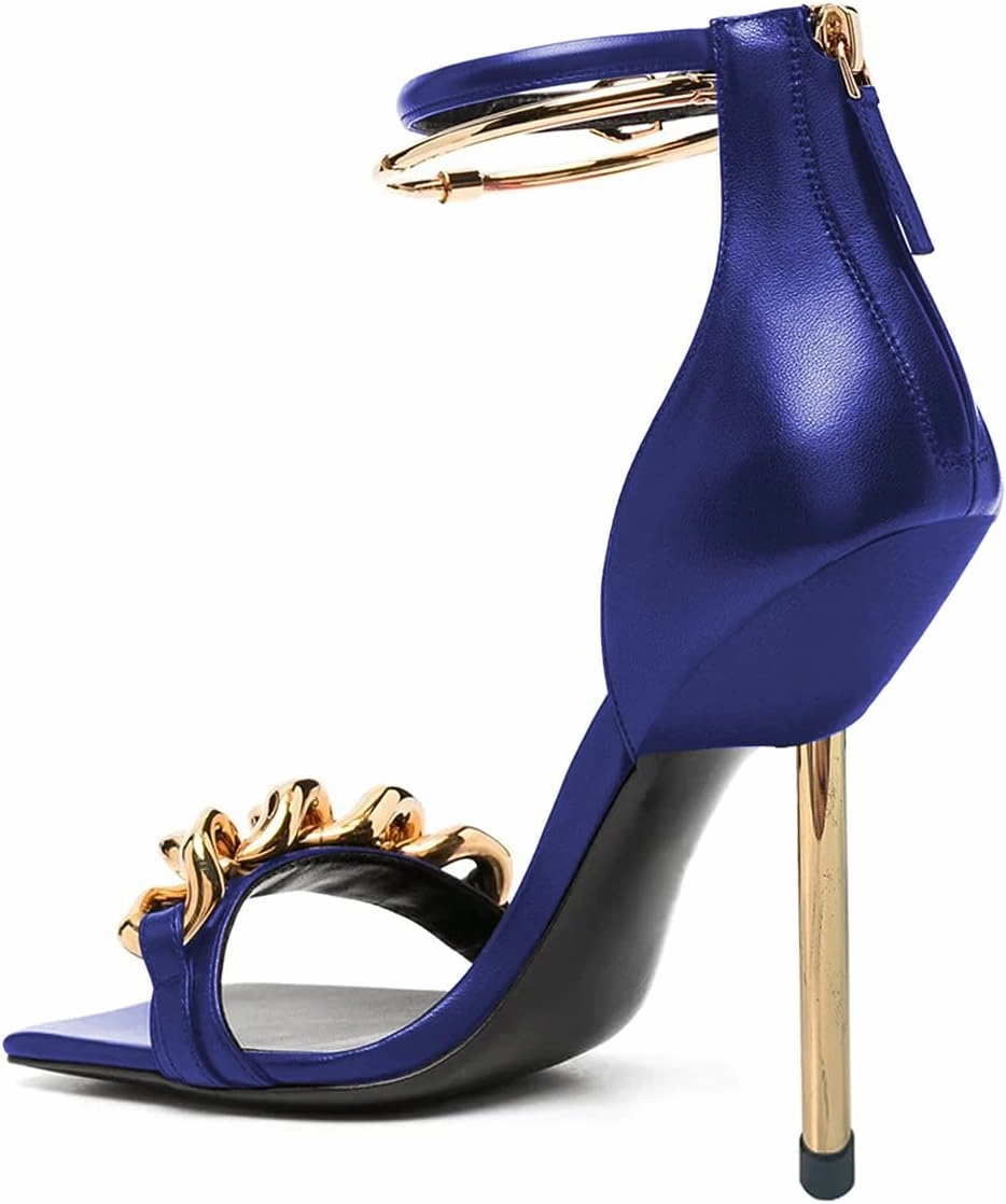XYD Women Sexy Stiletto Heel Sandals Open Square Toe Metal Ring Back Zip Chic Party Shoes