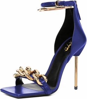 XYD Women Sexy Stiletto Heel Sandals Open Square Toe Metal Ring Back Zip Chic Party Shoes