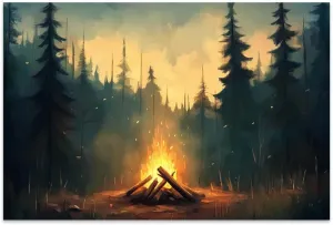 Yesad Camping Wall Art, Campfire At Night Cozy Cabin Wall Décor for Living Room Bedroom Rustic Painting Vintage Forest Poster Prints Campfire Wall Art Pine Tree Artwork (Unframed,24”x16”, Campfire)