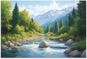 Yesad Serene Nature Wall Art, Landscape Canvas Wall Art Forest Pictures Prints Mountain Painting Scenery Poster Wall Décor for Farmhouse Living Room Bedroom (Unframed,24”x16”,Stream)