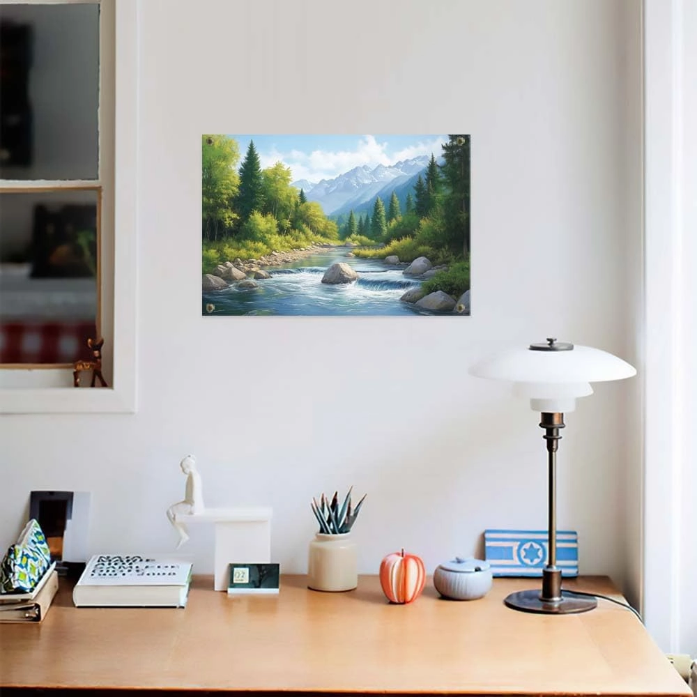 Yesad Serene Nature Wall Art, Landscape Canvas Wall Art Forest Pictures Prints Mountain Painting Scenery Poster Wall Décor for Farmhouse Living Room Bedroom (Unframed,24”x16”,Stream)