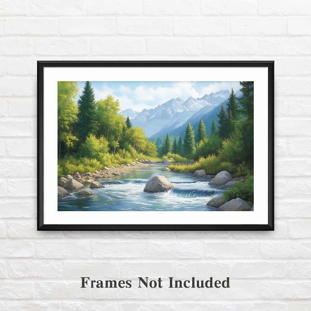 Yesad Serene Nature Wall Art, Landscape Canvas Wall Art Forest Pictures Prints Mountain Painting Scenery Poster Wall Décor for Farmhouse Living Room Bedroom (Unframed,24”x16”,Stream)