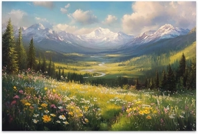 Yesad Wildflower Field Landscape Canvas Wall Art, Alpine Mountain Painting Wildflowers Pictures Poster Flower Prints Vintage Nature Wall Décor for Living Room, Bedroom (Unframed,18”x12”,Wildflower4)