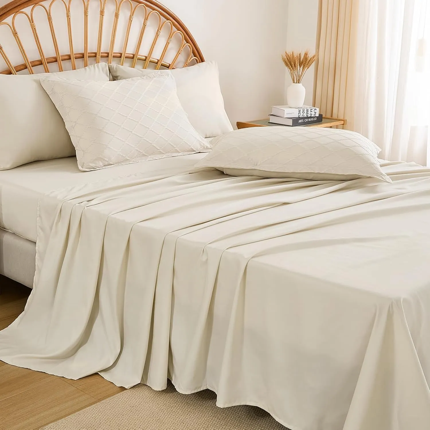 Yiran Beige Comforter Set King Size, Jacquard Tufted 7 Piece Bed in a Bag King, Textured Soft Microfiber Geometric Pattern Complete Bedding Set with Sheets for All Season