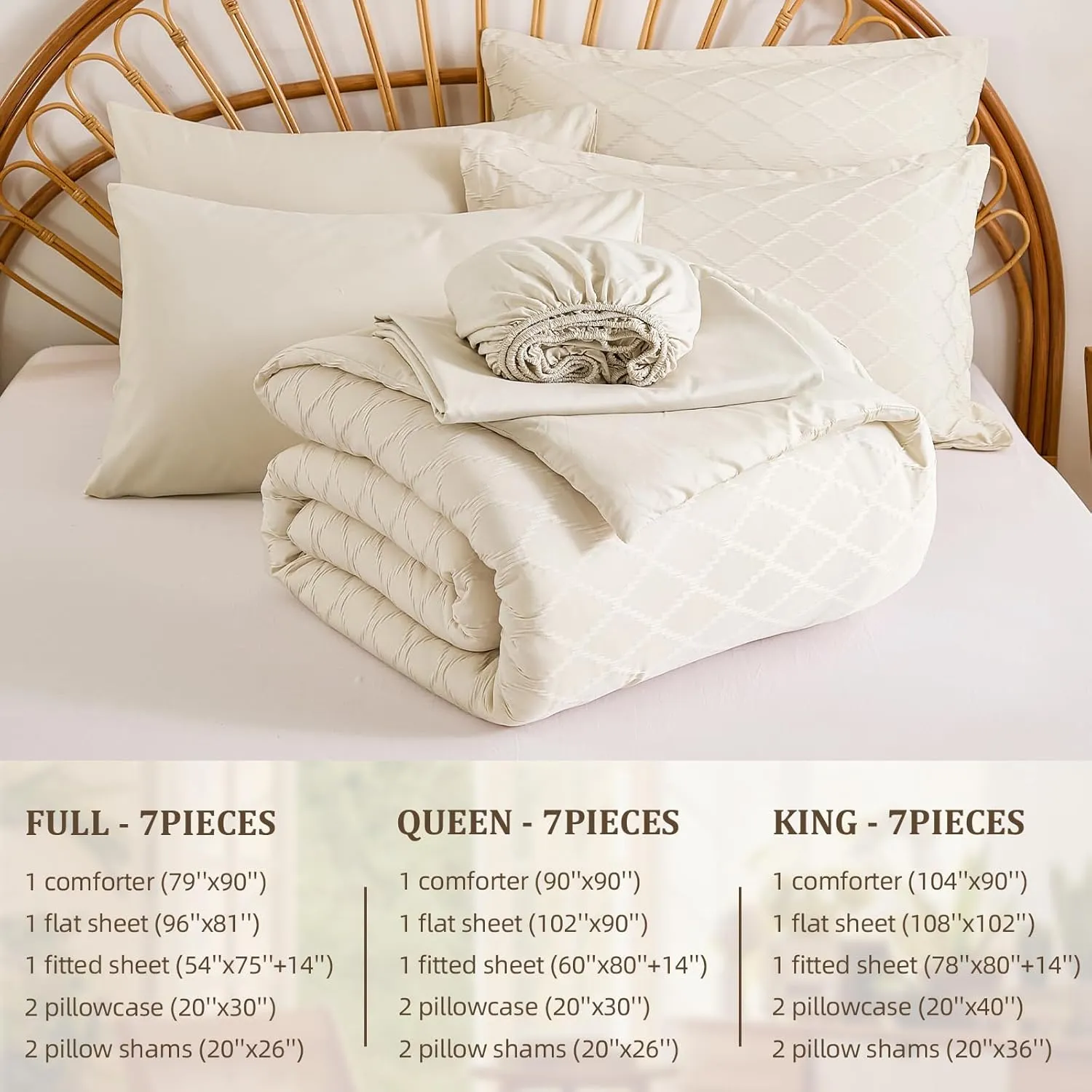 Yiran Beige Comforter Set King Size, Jacquard Tufted 7 Piece Bed in a Bag King, Textured Soft Microfiber Geometric Pattern Complete Bedding Set with Sheets for All Season