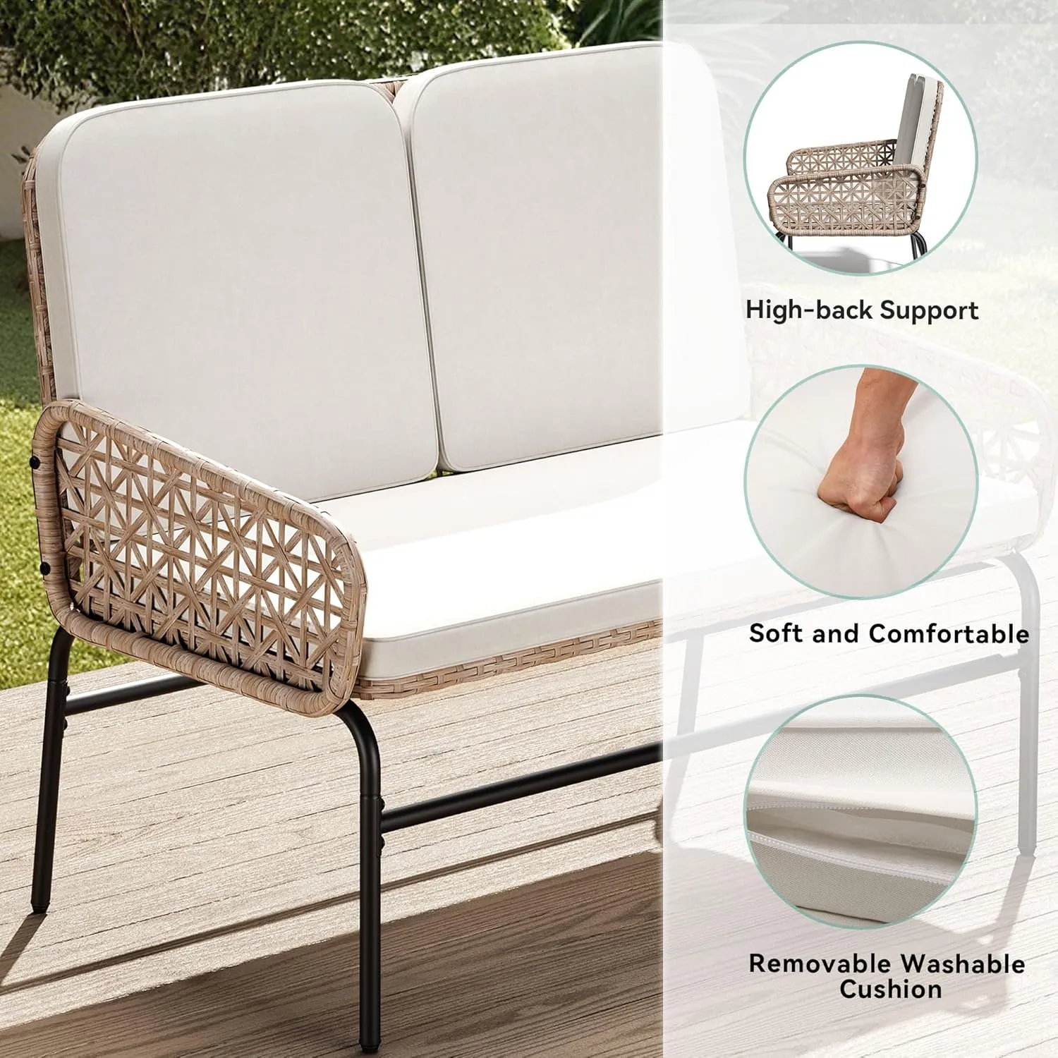 YITAHOME Patio Loveseat Wicker Outdoor Furniture, All Weather Rattan Conversation Loveseat for Backyard, Balcony and Deck with Soft Cushions, Light Brown Beige