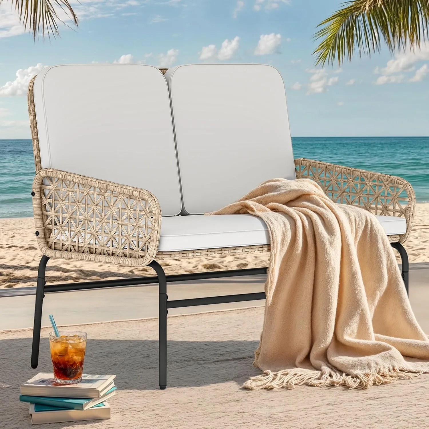 YITAHOME Patio Loveseat Wicker Outdoor Furniture, All Weather Rattan Conversation Loveseat for Backyard, Balcony and Deck with Soft Cushions, Light Brown Beige