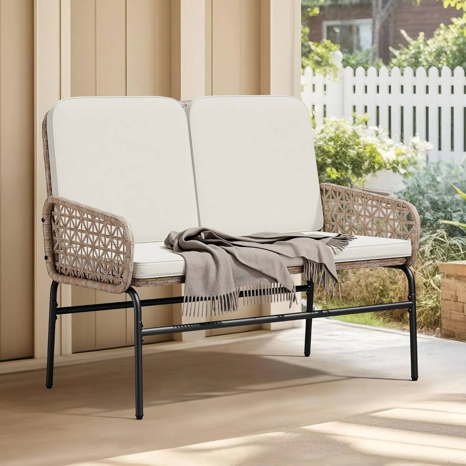 YITAHOME Patio Loveseat Wicker Outdoor Furniture, All Weather Rattan Conversation Loveseat for Backyard, Balcony and Deck with Soft Cushions, Light Brown Beige