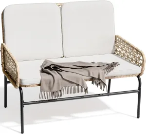 YITAHOME Patio Loveseat Wicker Outdoor Furniture, All Weather Rattan Conversation Loveseat for Backyard, Balcony and Deck with Soft Cushions, Light Brown Beige