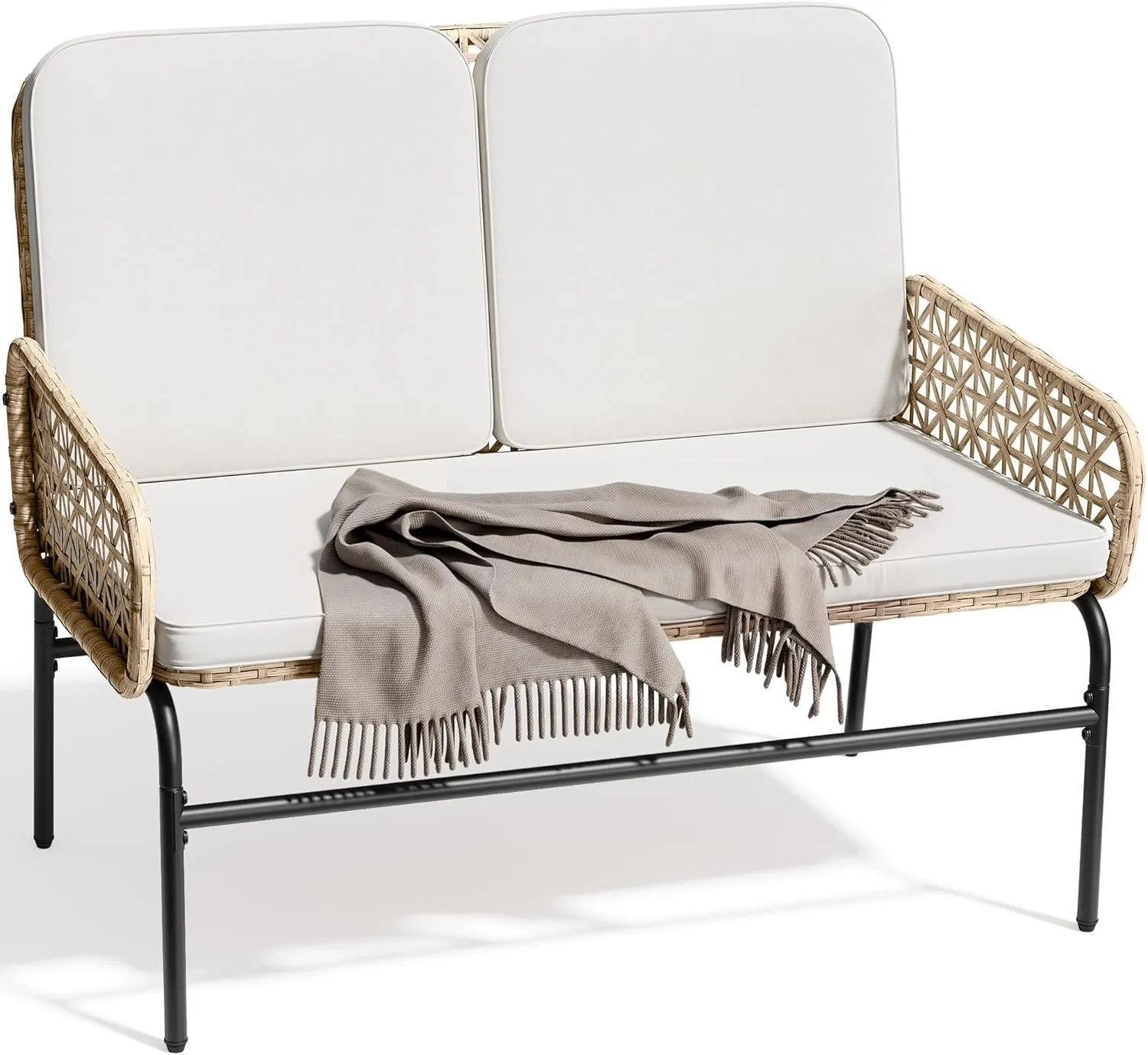 YITAHOME Patio Loveseat Wicker Outdoor Furniture, All Weather Rattan Conversation Loveseat for Backyard, Balcony and Deck with Soft Cushions, Light Brown Beige