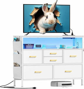 YITAHOME Dresser TV Stand for 45'' TV, 6-Drawer Dresser with Power Outlet and LED Light, Wide Dresser With Metal Handle, White Dresser with Shelves and PU Finish