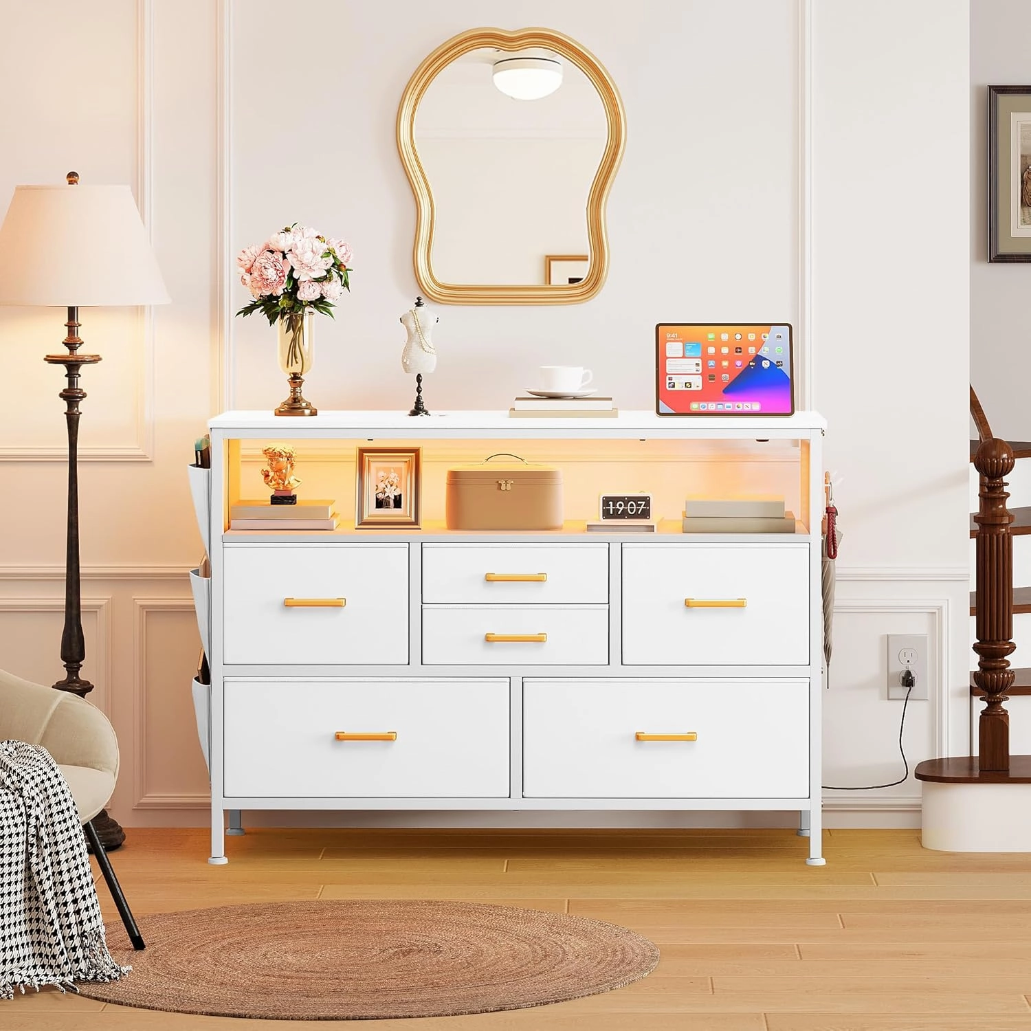 YITAHOME Dresser TV Stand for 45'' TV, 6-Drawer Dresser with Power Outlet and LED Light, Wide Dresser With Metal Handle, White Dresser with Shelves and PU Finish