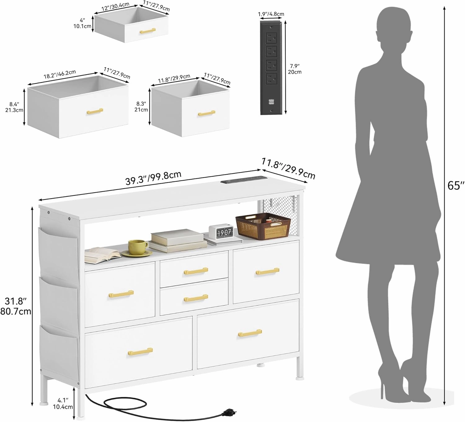 YITAHOME Dresser TV Stand for 45'' TV, 6-Drawer Dresser with Power Outlet and LED Light, Wide Dresser With Metal Handle, White Dresser with Shelves and PU Finish