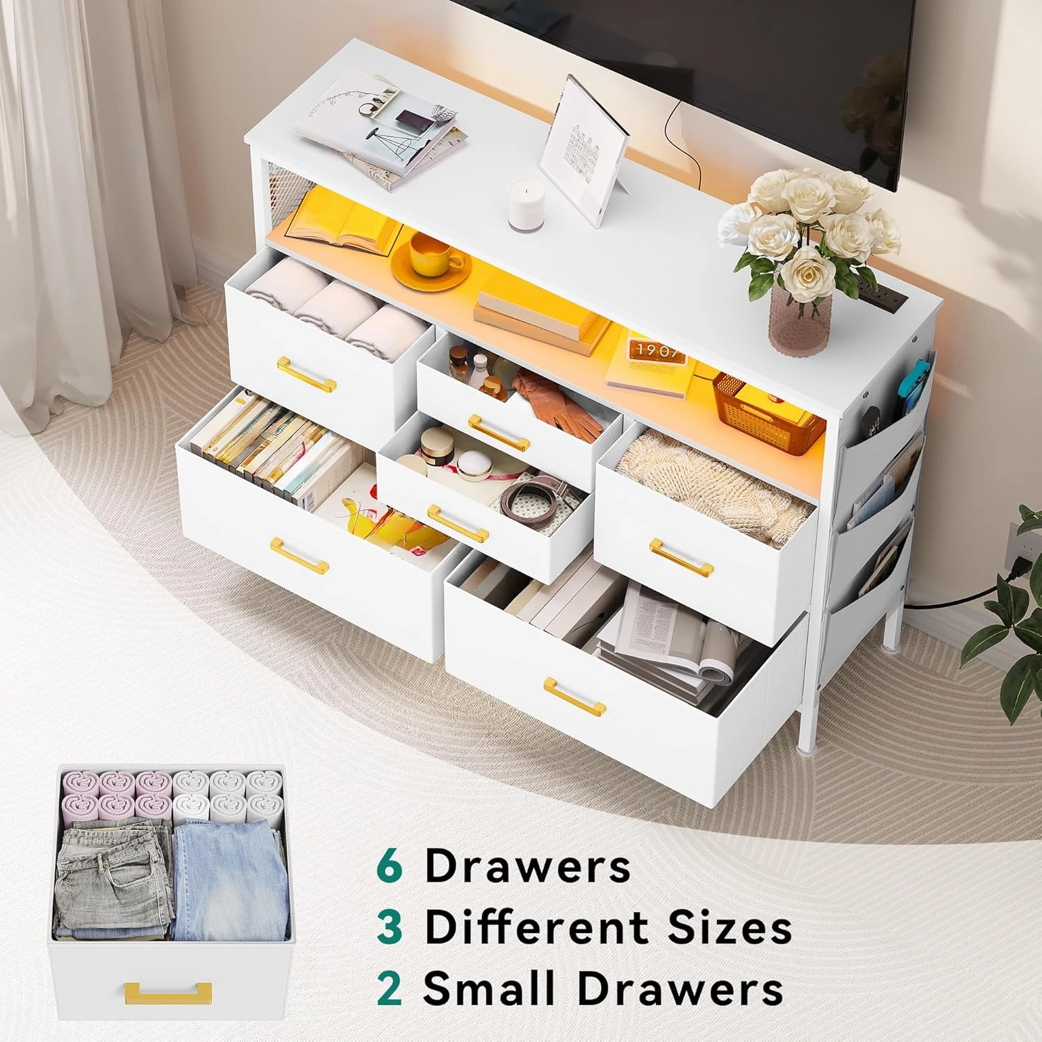YITAHOME Dresser TV Stand for 45'' TV, 6-Drawer Dresser with Power Outlet and LED Light, Wide Dresser With Metal Handle, White Dresser with Shelves and PU Finish