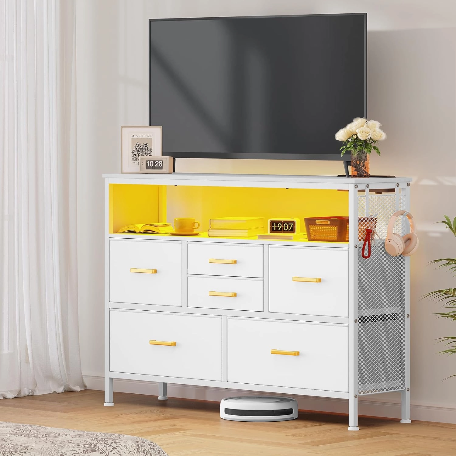 YITAHOME Dresser TV Stand for 45'' TV, 6-Drawer Dresser with Power Outlet and LED Light, Wide Dresser With Metal Handle, White Dresser with Shelves and PU Finish