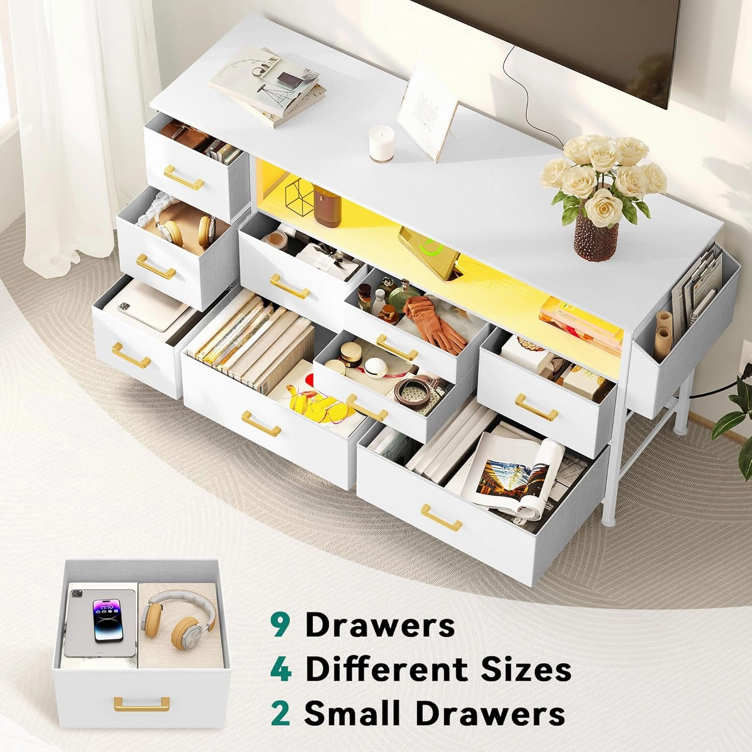 YITAHOME Dresser TV Stand for 55'', 9-Drawer Dresser with Power Outlet, Wide White Drawer with Metal Handle and PU Finish