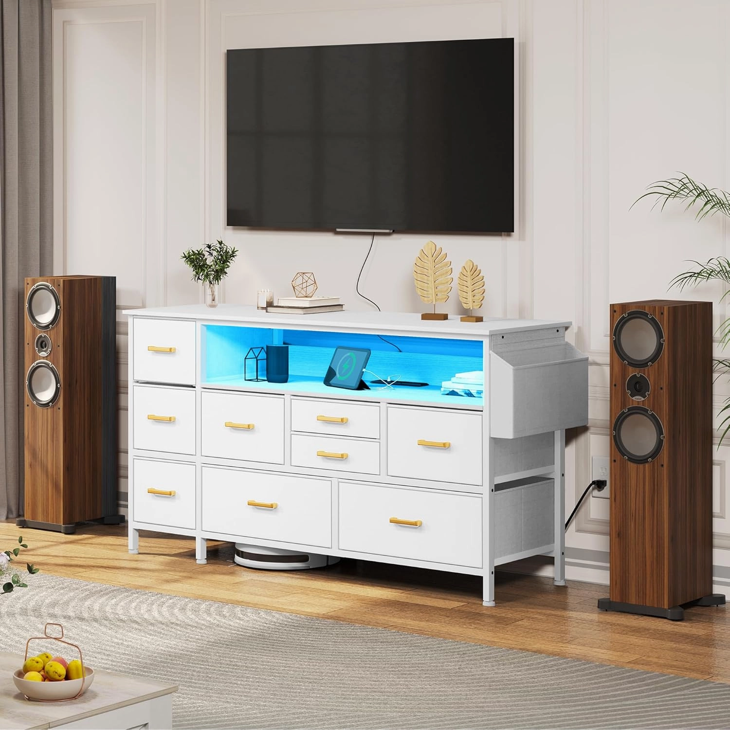 YITAHOME Dresser TV Stand for 55'', 9-Drawer Dresser with Power Outlet, Wide White Drawer with Metal Handle and PU Finish