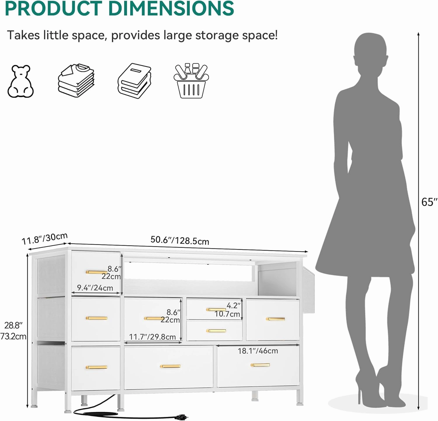 YITAHOME Dresser TV Stand for 55'', 9-Drawer Dresser with Power Outlet, Wide White Drawer with Metal Handle and PU Finish