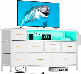 YITAHOME Dresser TV Stand for 55'', 9-Drawer Dresser with Power Outlet, Wide White Drawer with Metal Handle and PU Finish