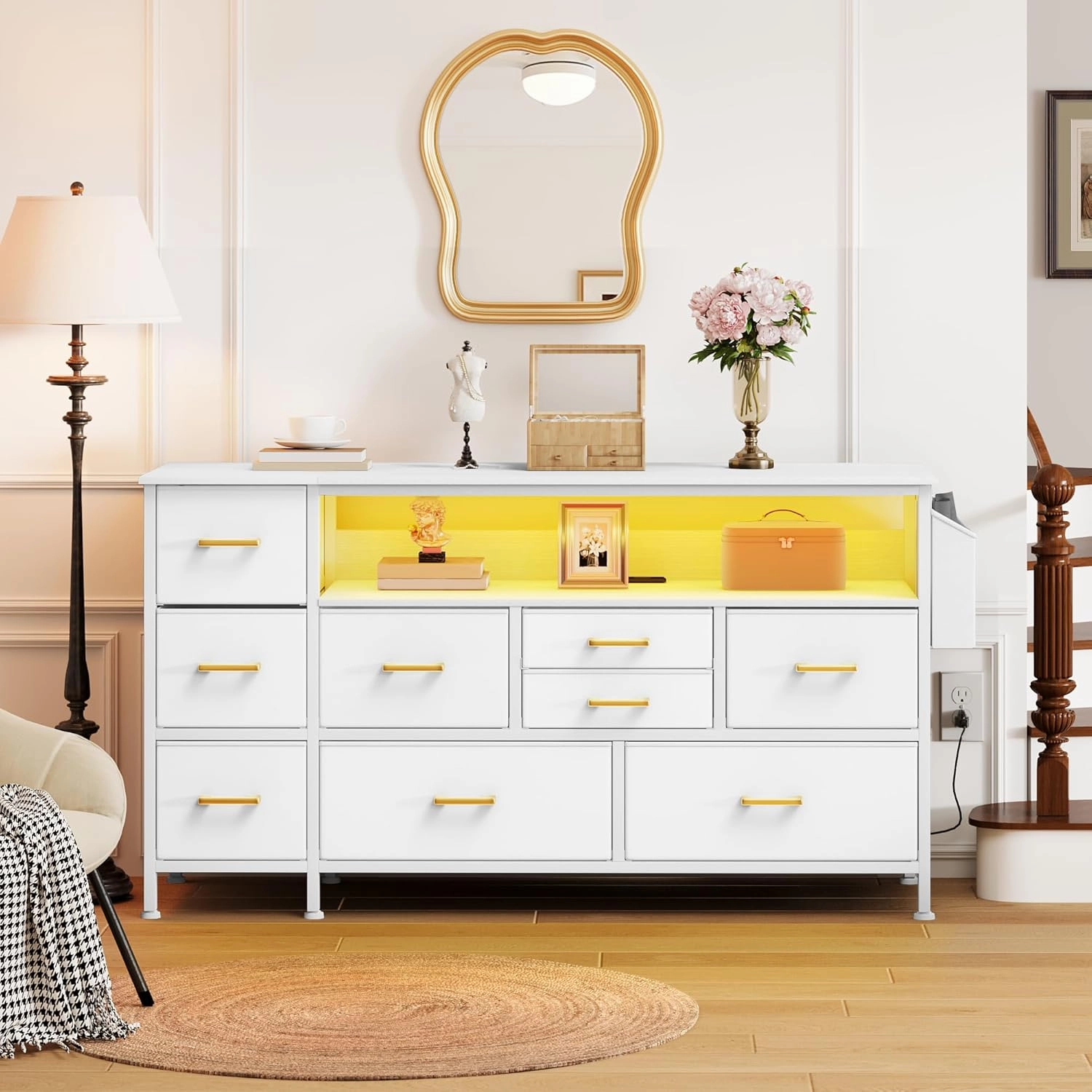 YITAHOME Dresser TV Stand for 55'', 9-Drawer Dresser with Power Outlet, Wide White Drawer with Metal Handle and PU Finish