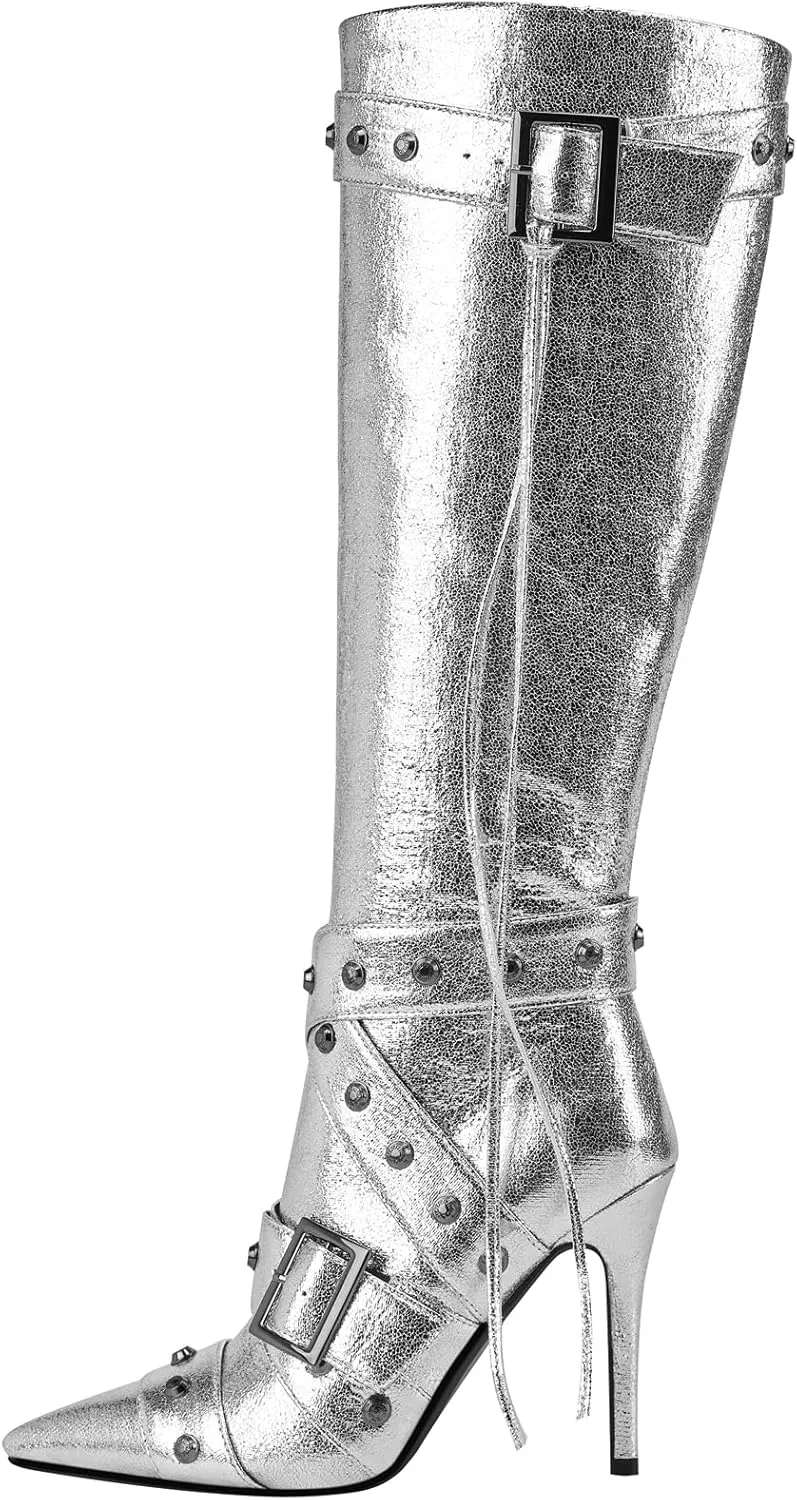 YIYA Silver Metallic Knee High Boots for Women Pointed Toe Rivets Tassels Stiletto High Heels Fashion Dress Party Zipper Glitter Boots