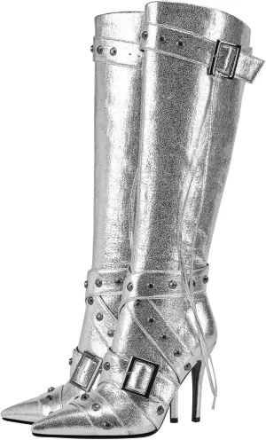YIYA Silver Metallic Knee High Boots for Women Pointed Toe Rivets Tassels Stiletto High Heels Fashion Dress Party Zipper Glitter Boots