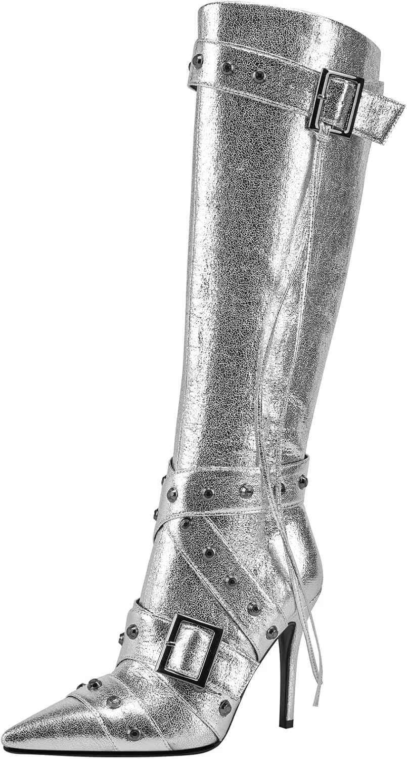 YIYA Silver Metallic Knee High Boots for Women Pointed Toe Rivets Tassels Stiletto High Heels Fashion Dress Party Zipper Glitter Boots