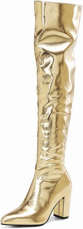 YIYA Women's Metallic Over the Knee High Boots Pointed Toe Chunky Mid Heel Thigh High Fashion Dress Boots Zipper Long Boots