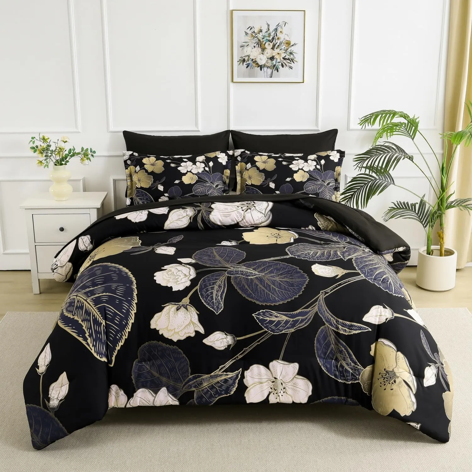 Yogeneg 7 Piece Bed in a Bag King Size Comforter Set Black Bedding Set,Pink Gold Floral Leaves Printed on Reversible Design,Soft Microfiber Comforter with Sheet Set,All Season(Black Pink,King)