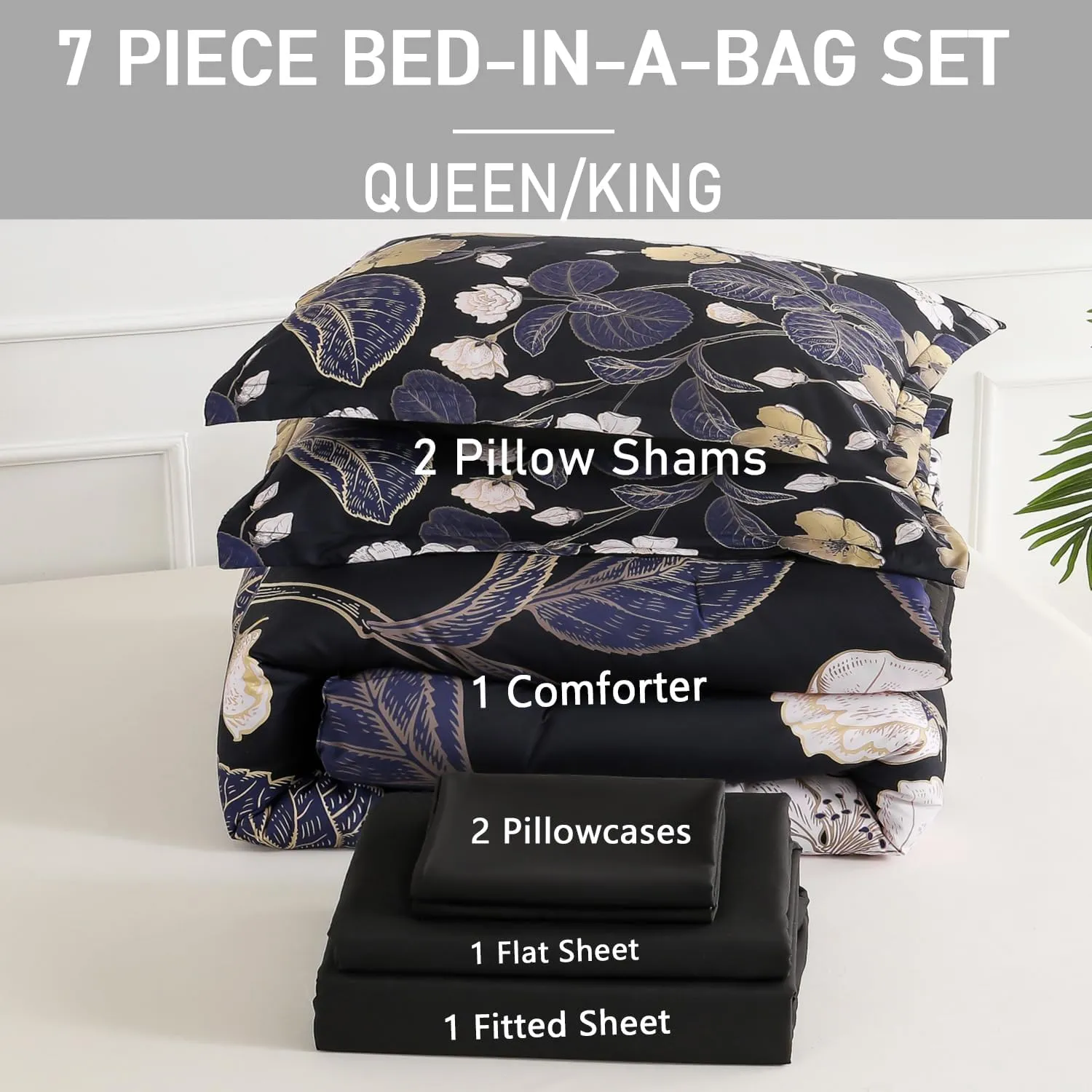 Yogeneg 7 Piece Bed in a Bag King Size Comforter Set Black Bedding Set,Pink Gold Floral Leaves Printed on Reversible Design,Soft Microfiber Comforter with Sheet Set,All Season(Black Pink,King)
