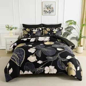 Yogeneg 7 Piece Bed in a Bag King Size Comforter Set Black Bedding Set,Pink Gold Floral Leaves Printed on Reversible Design,Soft Microfiber Comforter with Sheet Set,All Season(Black Pink,King)
