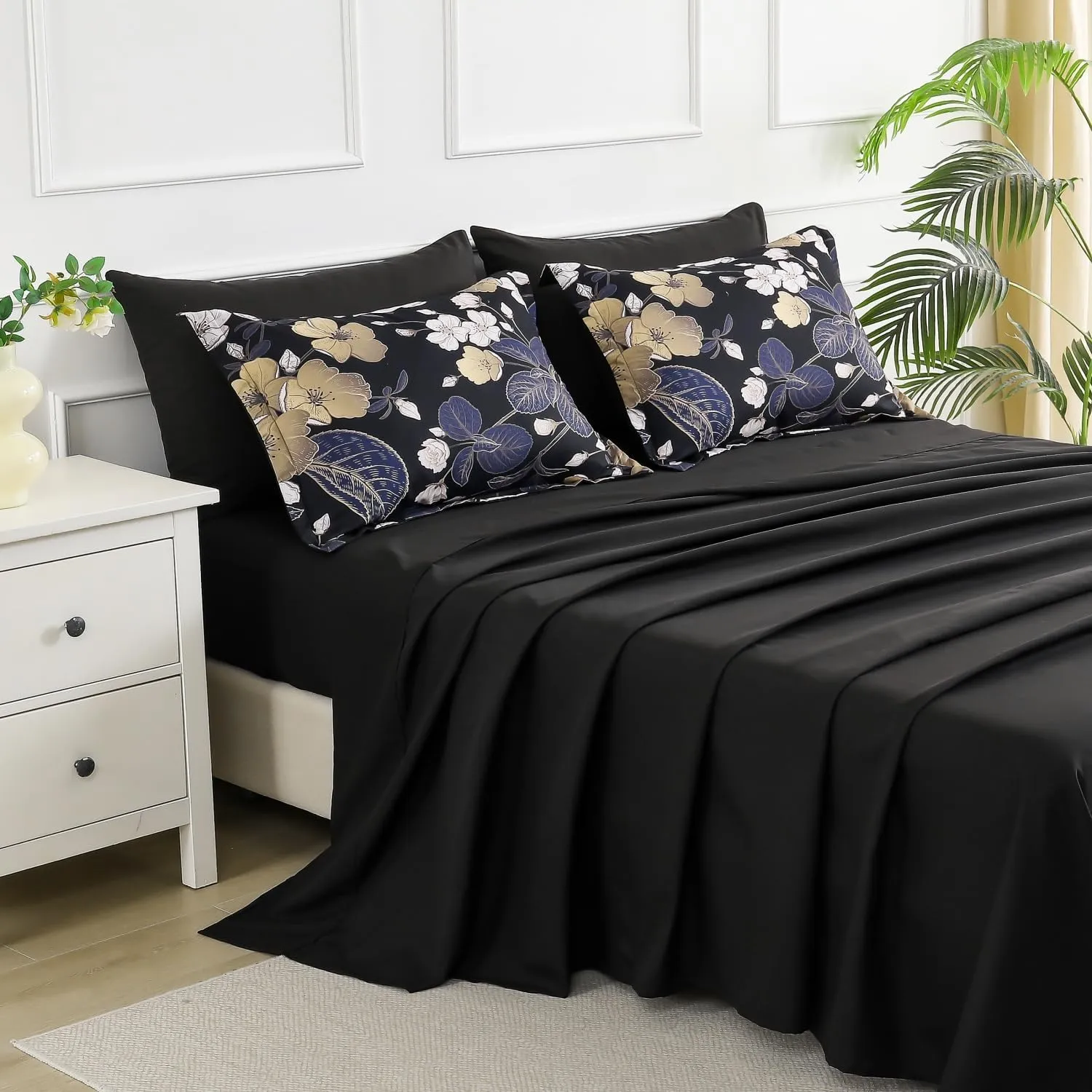 Yogeneg 7 Piece Bed in a Bag King Size Comforter Set Black Bedding Set,Pink Gold Floral Leaves Printed on Reversible Design,Soft Microfiber Comforter with Sheet Set,All Season(Black Pink,King)