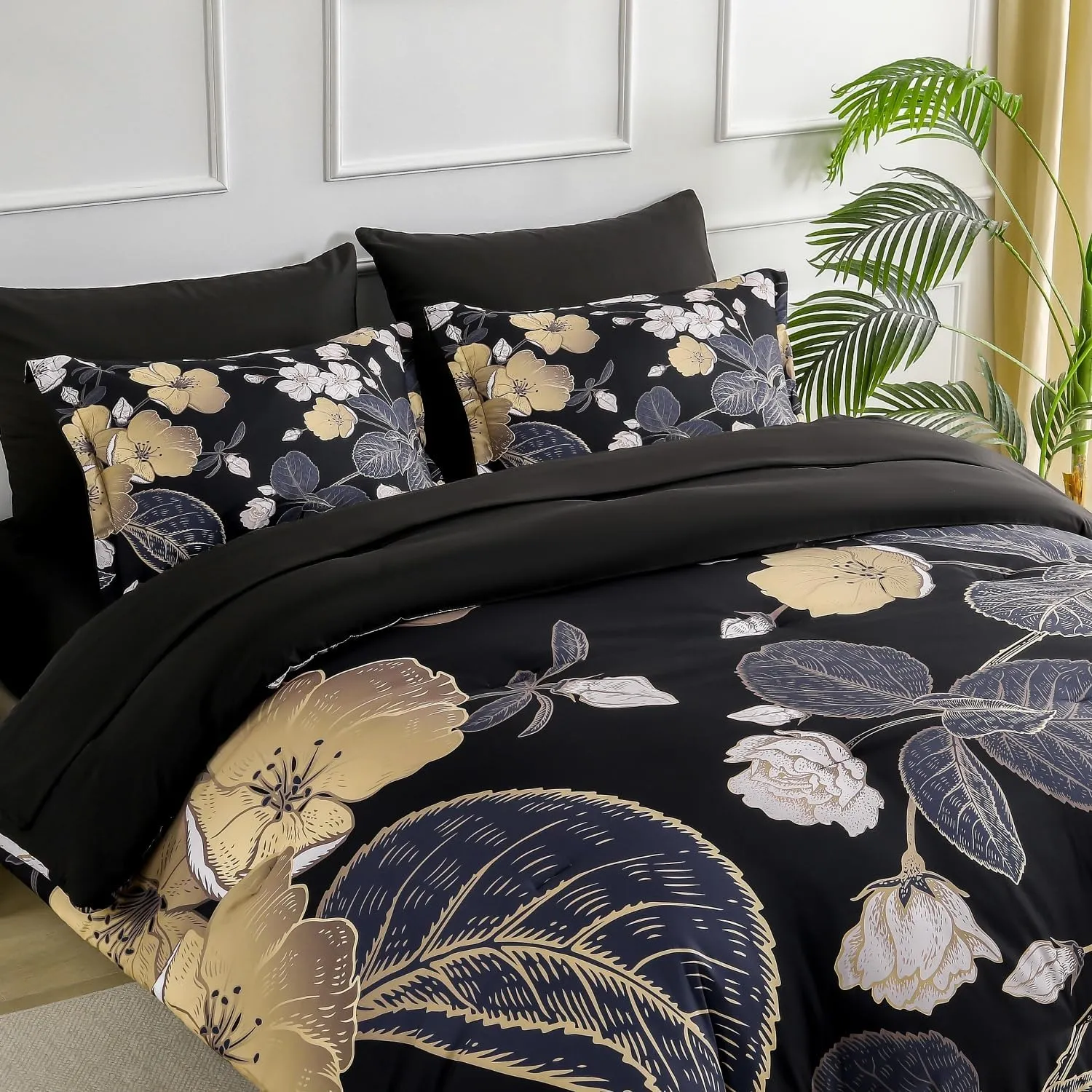 Yogeneg 7 Piece Bed in a Bag King Size Comforter Set Black Bedding Set,Pink Gold Floral Leaves Printed on Reversible Design,Soft Microfiber Comforter with Sheet Set,All Season(Black Pink,King)